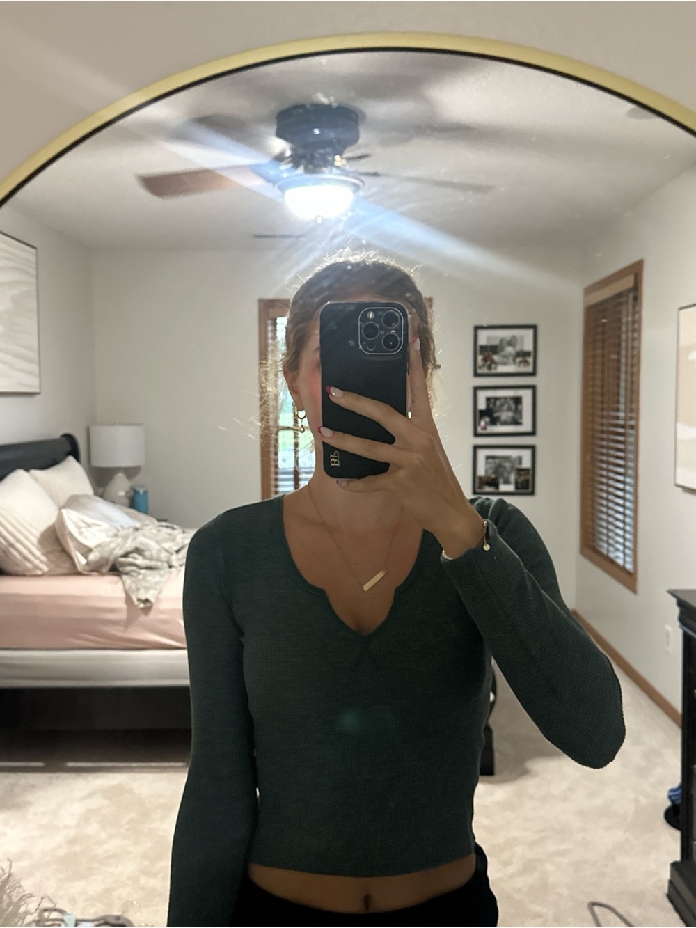 American Eagle Dark Teal Ribbed V-Notch Long Sleeve Top